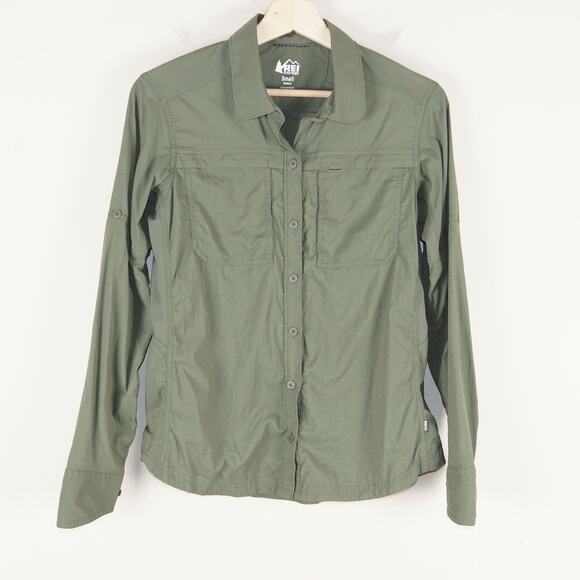 REI Co-Op Sahara Long Sleeve Roll Tab Green Utility Button Shirt Womens Sz S - Picture 1 of 10